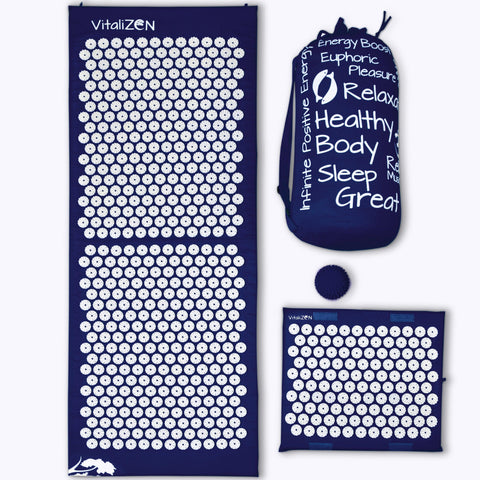 Extra Long 51” & 12,000 Spikes Navy Blue Acupressure Mat Set for Back Pain Relief & Muscle Relaxation. Free Massage Ball, Travel-Size Mat & Bag - VitaliZEN