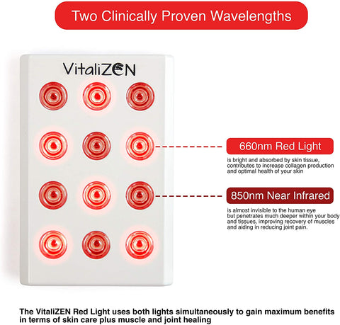 2 VitaliZEN Cosmo Rechargeable Red & Near Infrared Light Therapy Devices. 660nm 850nm. Flicker Free Dual Chip LEDs. Irradiance Of 100 mw/cm² At Surface. Auto-Shut Off Timer. Case & Charger Included.