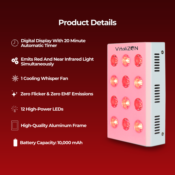 VitaliZEN Cosmo 60 Watt, Rechargeable Red & Near-Infrared Light Therapy Device. 660nm & 850nm. 12 Flicker Free LEDs. Auto Shut-Off Timer. Fully Portable. for Energy, Pain, Skin, Recovery, Performance