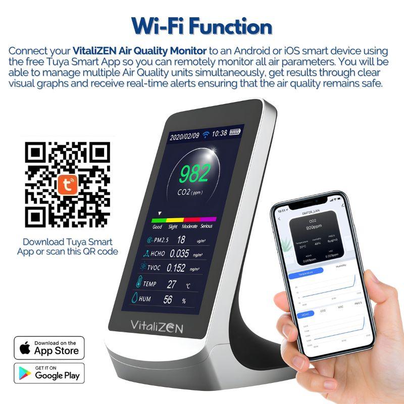 VitaliZEN Indoor Air Quality Pollution Monitor Detects PM2.5, Fine Dust, CO2, TVOC, Formaldehyde, Temperature, and Humidity with WiFi to Connect Your Android or iOS Device - Real Time and Accurate - VitaliZEN