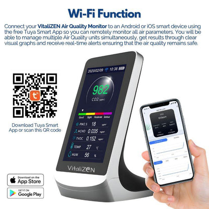 VitaliZEN Indoor Air Quality Pollution Monitor Detects PM2.5, Fine Dust, CO2, TVOC, Formaldehyde, Temperature, and Humidity with WiFi to Connect Your Android or iOS Device - Real Time and Accurate - VitaliZEN